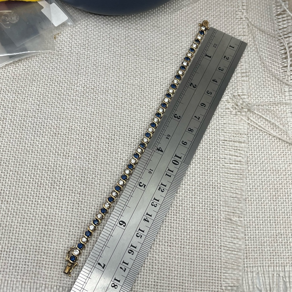 Vintage Estate Gold Over Sterling Silver Tennis Bracelet Sapphire Clear CZ 7.25" - Picture 15 of 16